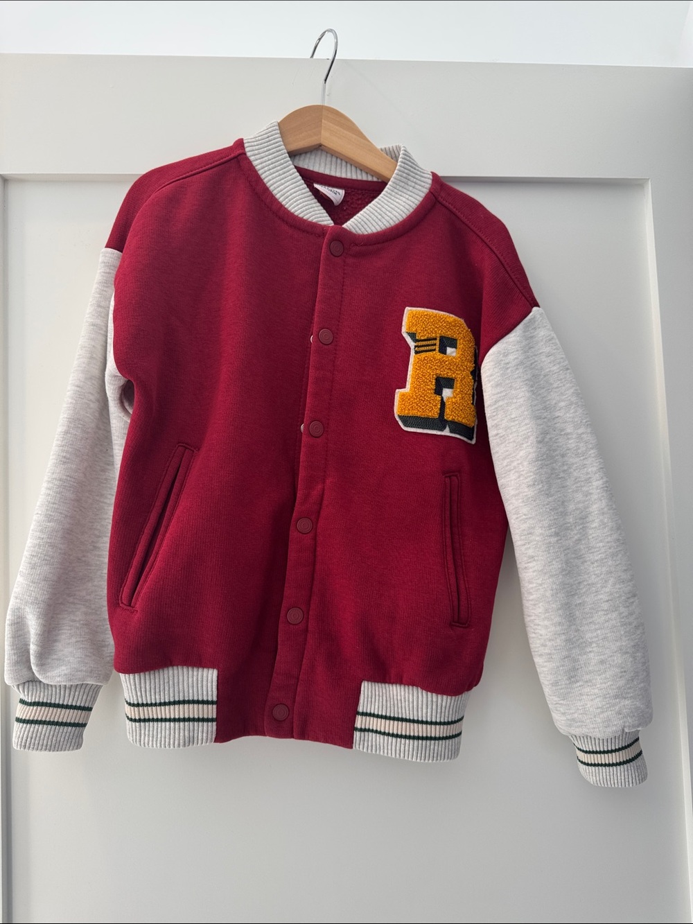 Kids Maroon & Light Gray Varsity Hoodie with Yellow Letter Patch